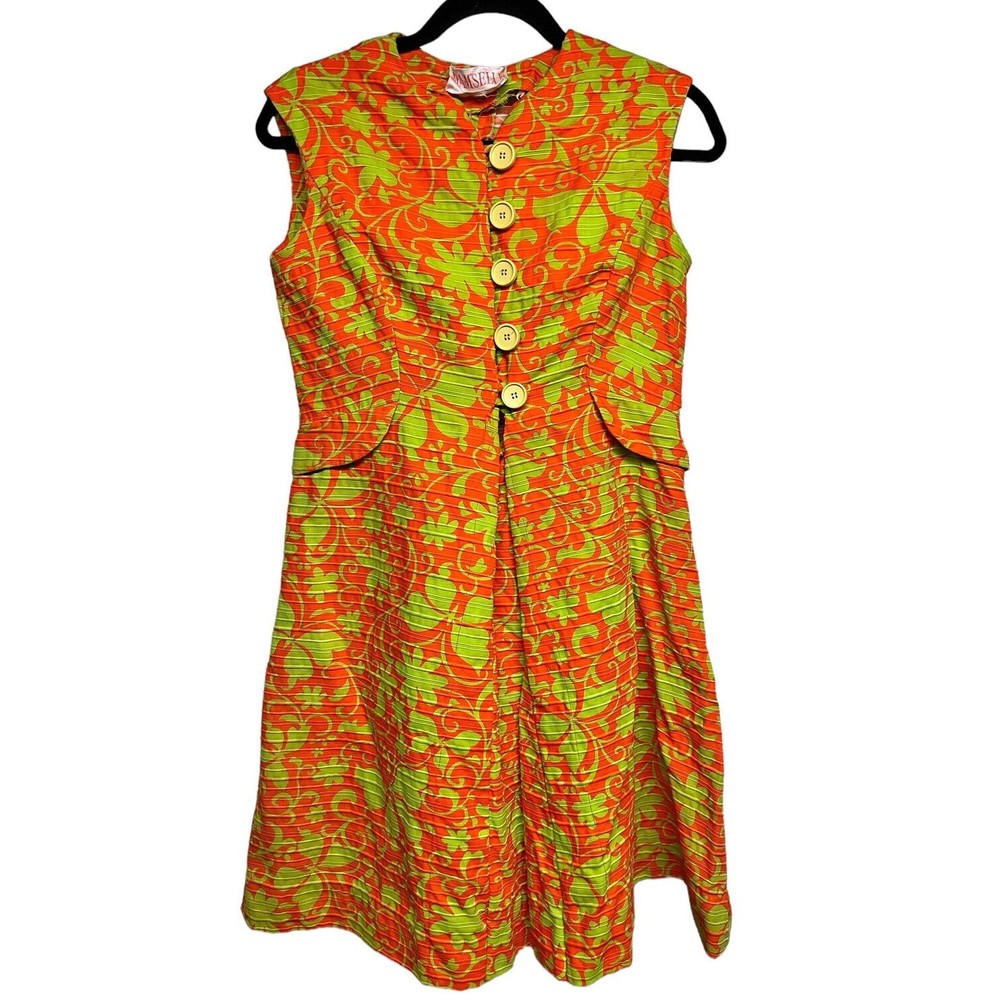 VTG 1950’s Mam'selle Betty Carol Orange/Green Floral Print Dress Women’s Size M?